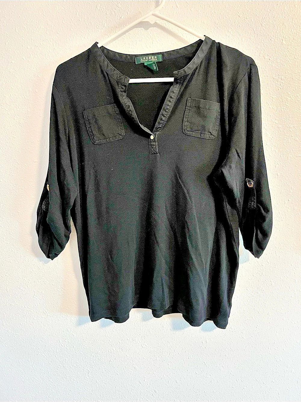 Lauren Ralph Lauren Black Top with 3/4 Sleeves with Tab Details Size 1X